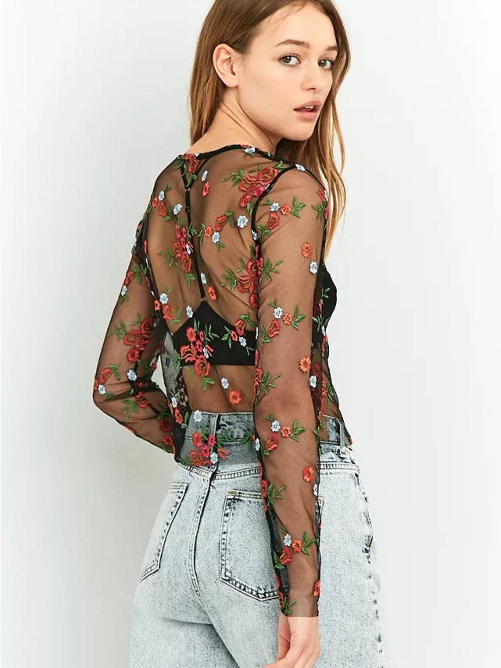 Urban Outfitters Kimchi Blue Floral Mesh Sheer Blouse Black Size Small